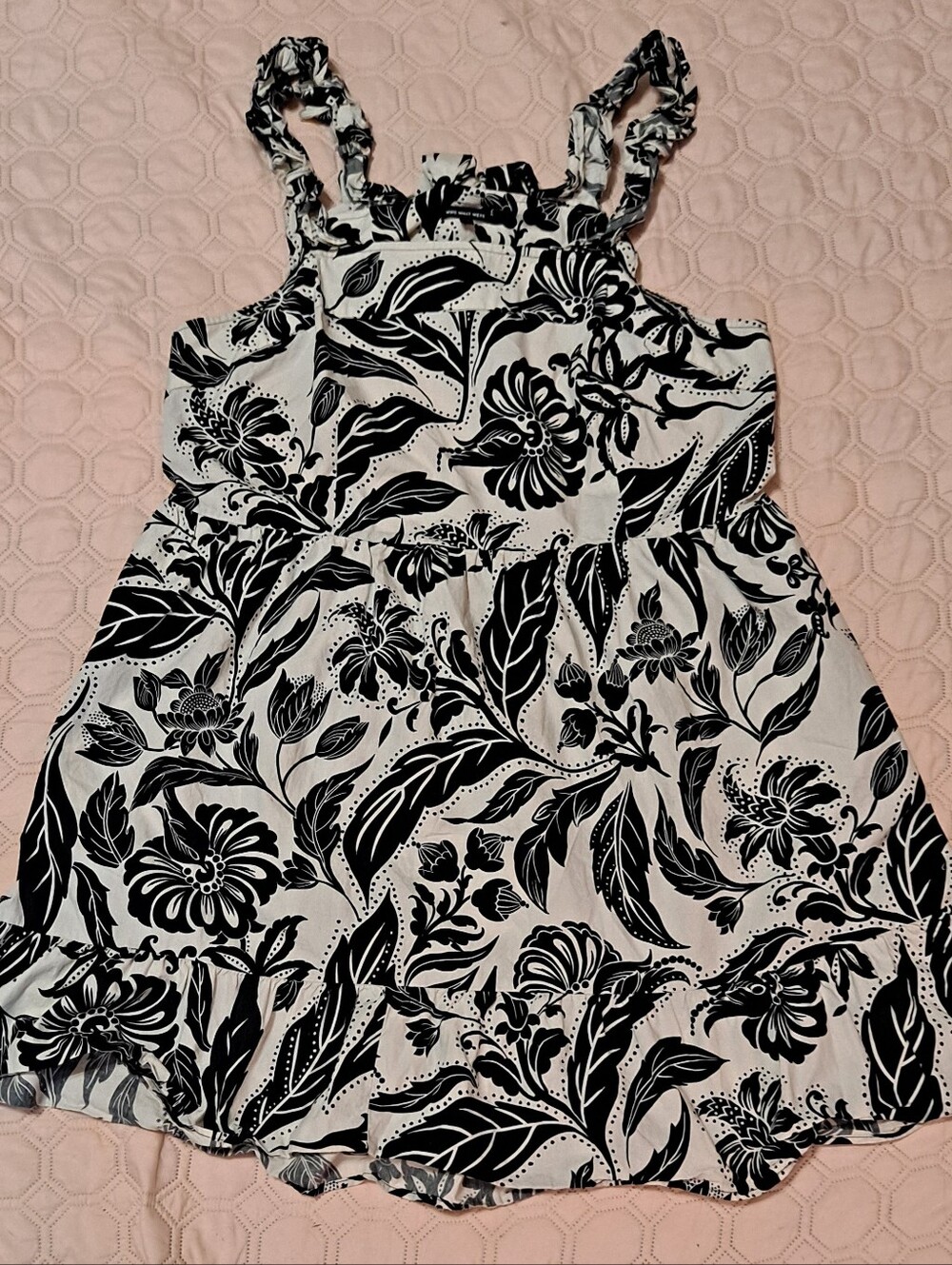 Black & White Floral Halter Sundress Sleeveless Ruffle Straps Size 1X